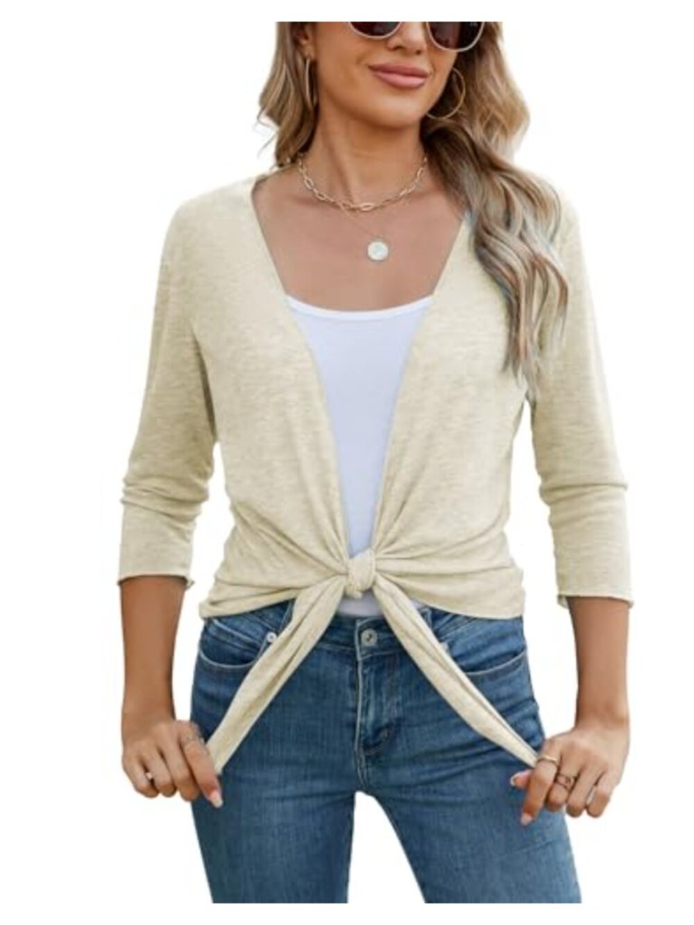 Lightweight Sheer Knit Shrug Bolero Tie Front 3/4 Sleeve Summer Cover Up